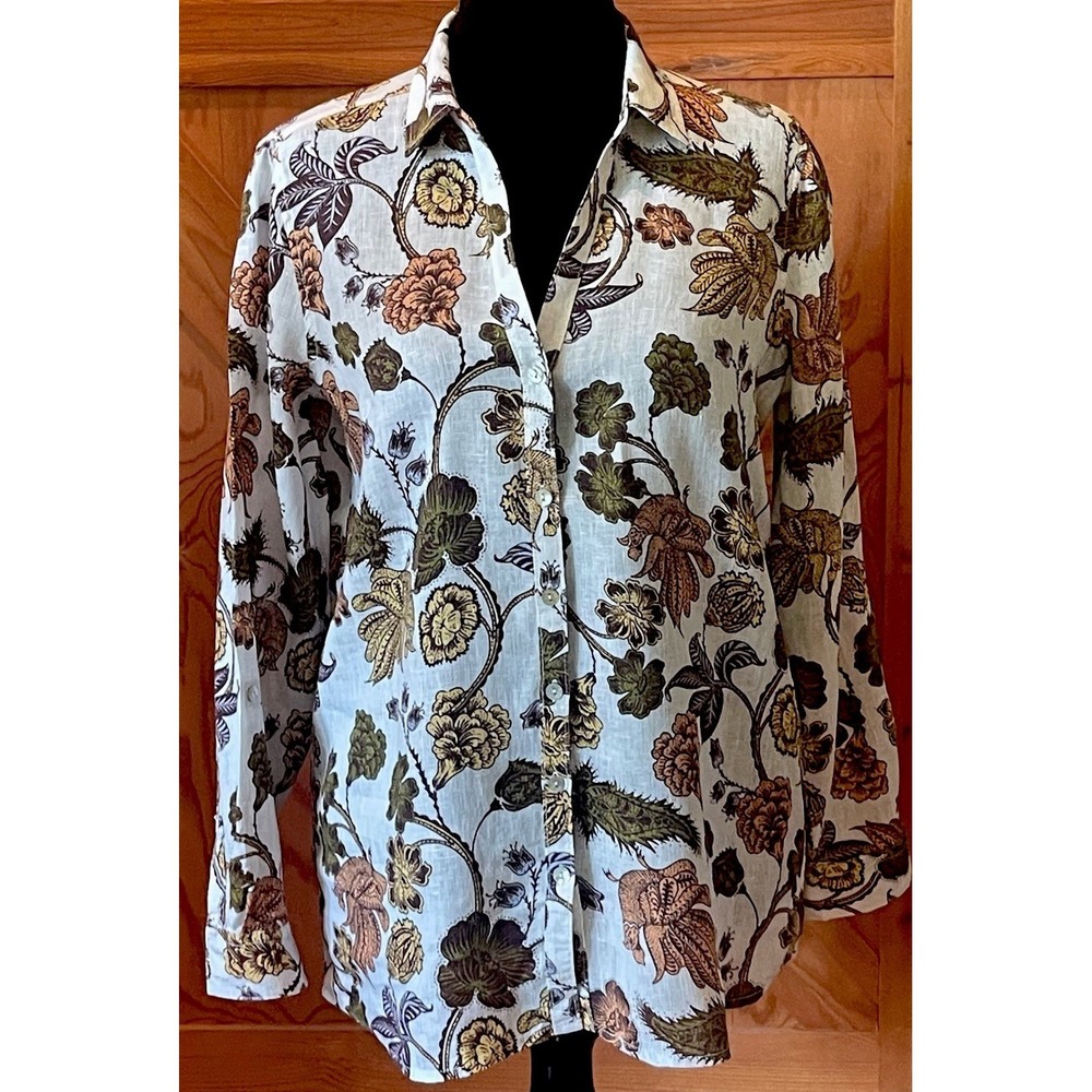 Nicole Miller NY‎ European Flax Linen LS Button Up Shirt Women M Floral Bird⁠